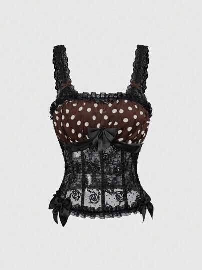 Grunge Punk Canottiera da donna in stile Y2K, per San Valentino, con pois e contrasto in pizzo