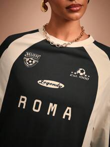 COSMINA Áo thun tay dài phối màu họa tiết raglan thường ngày cho nữ, Xuân/Thu - màu đen - Xem 5