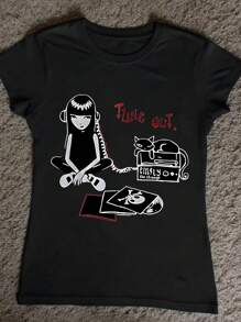 加大码 Y2K 原宿猫咪印花嘻哈女装夏季热辣女孩街头时尚修身哥特式细肩带短款可爱吊带上衣 - 黑色 - 查看 1