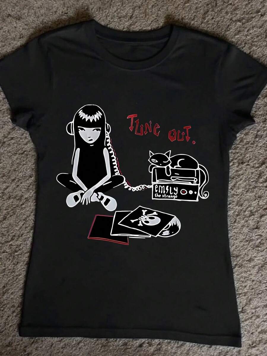 加大码 Y2K 原宿猫咪印花嘻哈女装夏季热辣女孩街头时尚修身哥特式细肩带短款可爱吊带上衣 - 黑色 - 查看 1