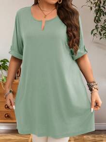 EMERY ROSE Women Plus Size Early Spring Short Sleeve Long Olive Green T-Shirt - Mint Green - View 3