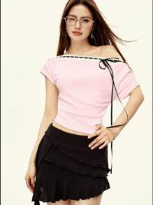 Rina Fox 女士系带设计不对称领口短袖时尚T恤，夏季