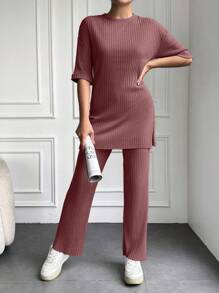 EURMUSE 100%Cotton Drop Shoulder Tee & Pants - Dusty Pink - View 4