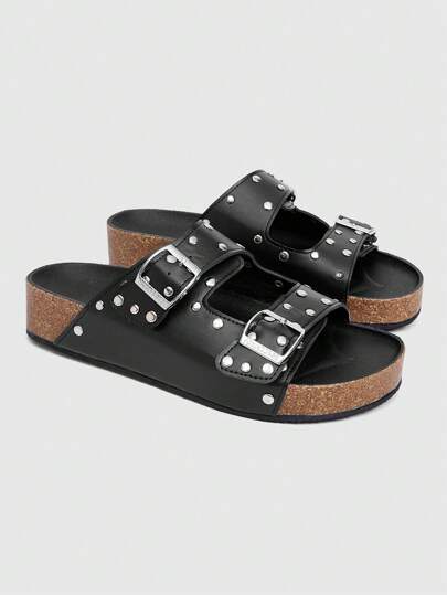 Grunge Punk Women's Black Roman Beach Sandals, Summer Open Toe Buckle Strap Vacation Flat Slide Slippers