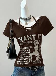 SHEIN EZwear 夏季乡村音乐会标语图案短袖T恤 - 棕色 - 查看 4