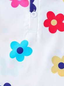 SHEIN Young Boy时尚花卉印花短袖Polo衫，适合春夏季休闲、度假、外出、拍照 - 白色 - 查看 7