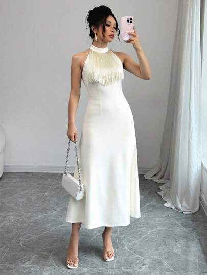 SHEIN Unity Vestido elegante y ajustado para fiestas con flecos para mujeres