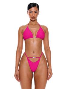 Musera Resort Halterneck "" Beaded Detail Tie Back Bikini Top Only Summer Spring Holiday Vacation Sexy Club Ibiza Beachwear - Hot Pink - View 6