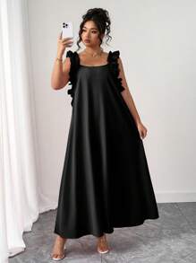 SHEIN PETITE 大码女式荷叶边方领连衣裙 - 黑色 - 查看 6