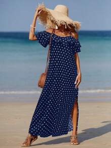 Breezaya 女士度假露肩长款圆点印花荷叶边下摆连衣裙 - 彩色 - 查看 4
