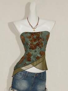 SHEIN ICON 波西米亚风格植绒面料网眼面板不对称下摆紧身胸衣上衣