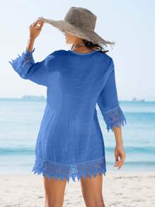Swim Vcay Women's Solid Color Lace Splice Kimono Cover Up Coverup For Beach And Vacations For Summer - Baby Blue - View 2