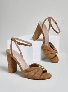 SHUZIA 女士舒适粗跟鞋金色装饰柔软材质踝带驼色 - 駝色 - 查看 3