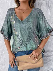 EMERY ROSE Plus Color-Blocking Leopard Print Elegant And Versatile Loose Fit Round Neck Short Sleeve T-Shirt Graphic Cheetah Print Tees Women Tops Women Summer Clothing Woman S Summer Clothes Women S Clothes - Multicolor - View 7