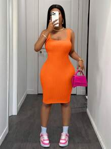 Slaydiva Women Solid Color Sleeveless Bodycon Dress, Casual - Orange - View 7