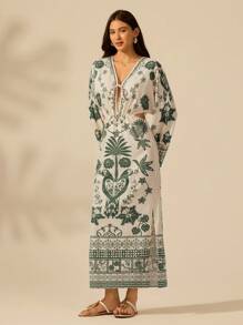 CAJUNI Women's Bohemian Vintage Tropical Green Plant Print Hollow-Out Waist & Back Long Sleeve Dress, Casual & Holiday Style