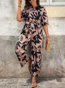 EMERY ROSE 夏季时尚休闲度假半袖系带腰蝴蝶结连体裤 - 棕色 - 查看 3