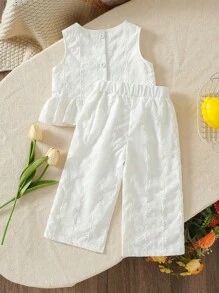 SHEIN 2pcs/Pack Baby Girl Toddler/Newborn 0-3 Years Spring Summer Casual Outgoing Cottn Embroidered Sleeveless Top And Long Pants Set - White - View 2