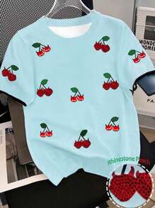 Damen Sommer Kirsch Strass Dekor bedrucktes T-Shirt mit Rundhalsausschnitt