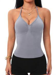SHEIN Sports 女式纯色褶饰挂脖日常健身运动背心 - 灰色 - 查看 4