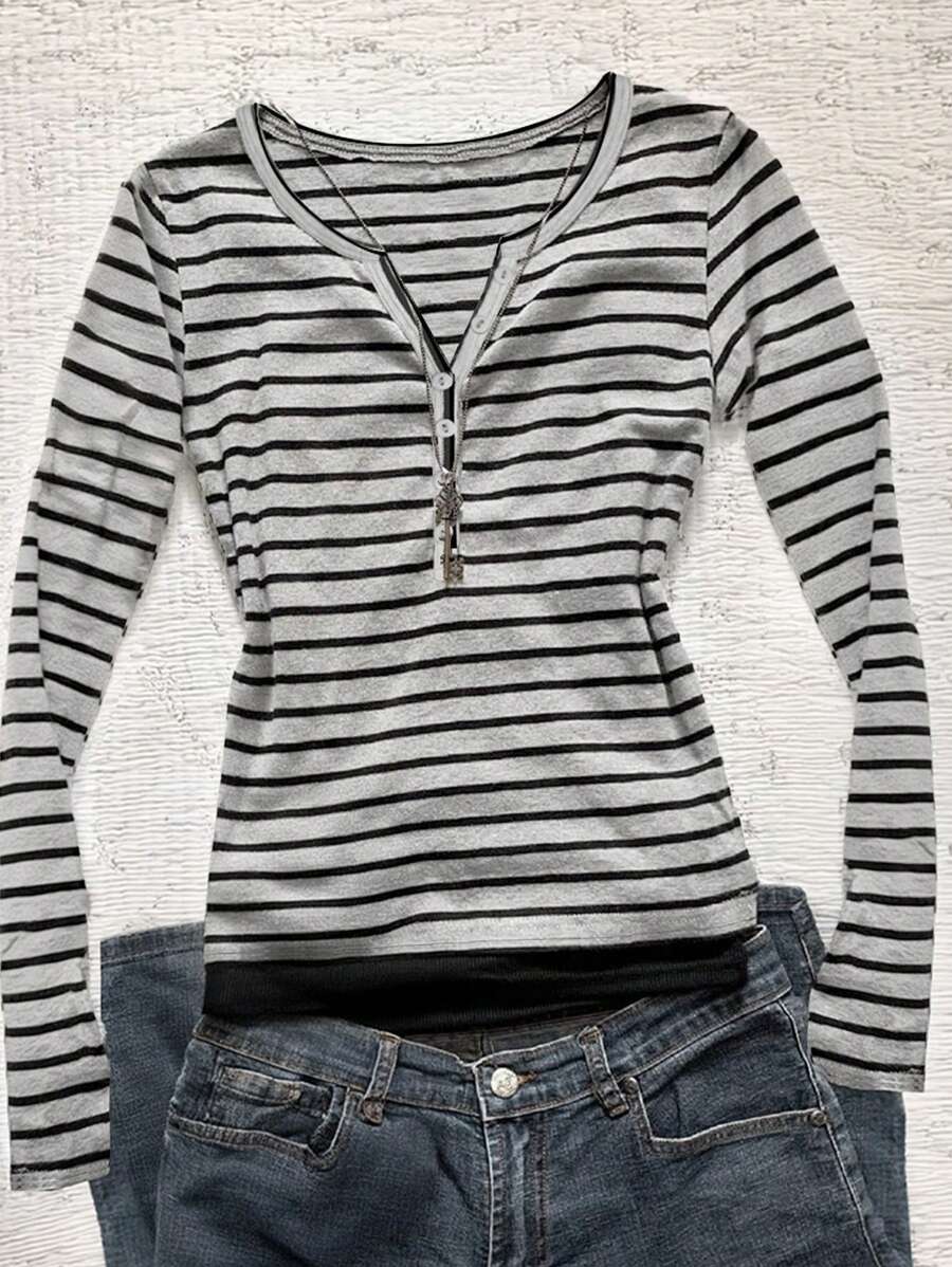 SHEIN Women's Casual Striped Long Sleeve Fitted T-Shirt Fall Cloth For Women - Grey - View 1
