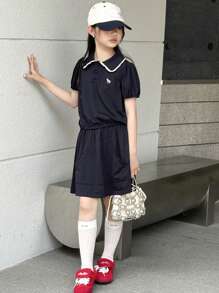 Dazy Kids Tween Girls Polo T-Shirt & Lace Trim Skirt 2PC Sets