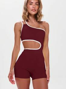 Musera Sport Asymmetrical Neck Contrast Trim Cut Out Unitard Active Workout Gym,Padel, Tennis, Pickleball Gym Fitness Yoga Pilates Daily Casual Summer - Burgundy - View 2