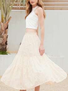 Chiquease Chân váy xếp tầng họa tiết hoa cánh hoa tua rua màu kem Pháp thanh lịch, kết cấu bóng - Màu be - Xem 6