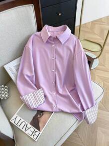 INAWLY 女士休闲通勤条纹拼布粉色衬衫 - 淡紫色 - 查看 7