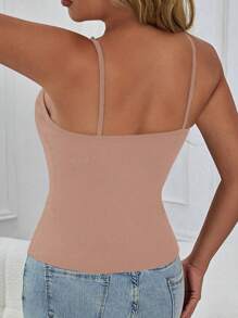 Zolique Women Solid Color Fashion Ribbed Rhinestone Hollow Criss-Cross Cami Top - Brown - View 2