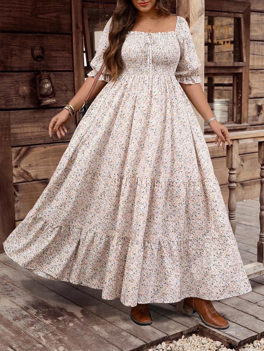 EMERY ROSE Plus Size Women's Bohemian Style Vintage Square Collar Romantic Multi-Color Ditsy Floral Long Layered Dress - Multicolor - View 1