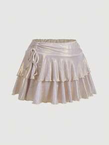 SHEIN MOD 大码女式珍珠香槟色漆皮短款迷你裙，浪漫聚会 - 香檳色 - 查看 3