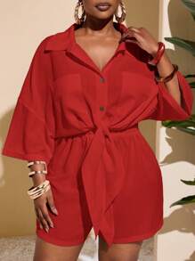 Slaydiva 2025 百搭日常休闲百搭直筒宽松落肩口袋抽绳衬衫和短裤两件套女士大码衬衫裙红色衬衫裙女士衬衫裙红色休闲裙红色度假装 / 秋季女装 / 大码夏装 / 七月四日 / 七月四日女装 / Y2K / 街头服饰女士 / 乡村 / 海滩 / 俱乐部 / 教师 / 亚麻 / 街头服饰 / 欧洲夏季 / 女士夏季服装 / 女士时尚服装 /