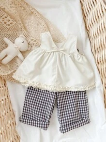 SHEIN Babygirl Summer Cute & Elegant Versatile Beige Sleeveless Loose Top & Plaid Wide-Leg Pants Set - Apricot - View 2