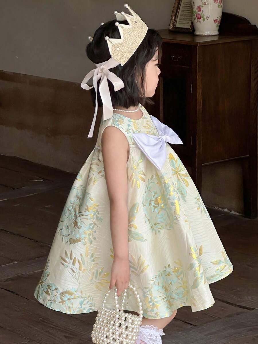DAZY Young Girls Round Neck Party Bow Decor Elegant Sleeveless Formal Dress,Girls Summer Outfits - Mint Green - View 1