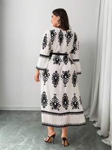 Modelyn Plus Size Women's Elegant Modest Dress: Long Sleeve, V Neck, Belted, Flared Hem, Black And White Floral Print Woven Fabric Maxi Dress - Multicolor - View 3