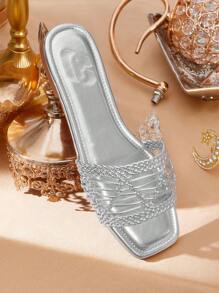 CUCCOO TILAWA Women's Fashion Square Toe Casual Woven Mesh Open Toe Slide Sandals, Comfortable Flat Outdoor Lady Slippers - Silver - View 5