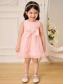 SHEIN Glamorique Kids 女婴花朵伴娘礼服，婚礼，蝴蝶结，花童，优雅粉色蕾丝连衣裙，女婴夏装，生日派对，适合正式场合， - 粉色 - 查看 3