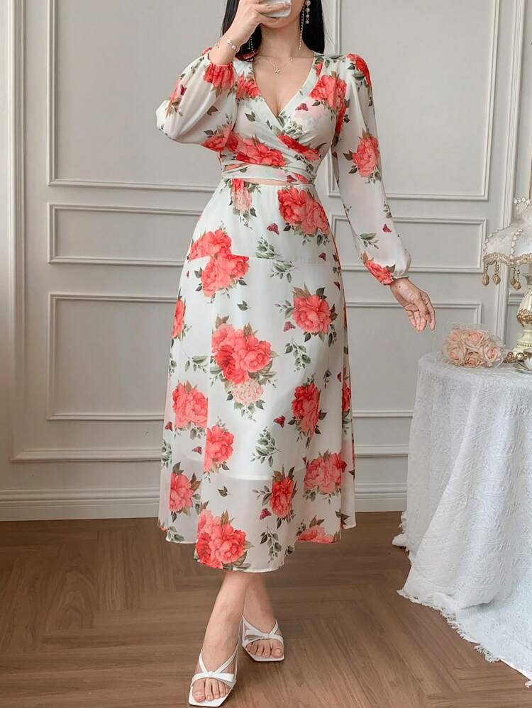 Women's Floral Print Overlap V-Neck Lantern Sleeve Elegant Vacation Dress,Fall Dress Long Sleeve Dress