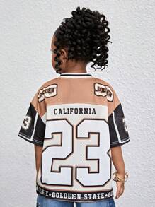 Camiseta casual de niña con cuello en V y estampado de números de punto