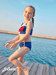 Joliand Joliand 2pcs/Set Young Girl Urban Elegant Red Halter Top With Navy Bow Decor And Sailor Anchor & Lighthouse Printed Swimsuit, Suitable For Pool, Beach, Summer