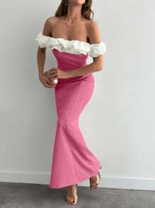 EURMUSE Two Tones Off Shoulder Ruffle Trim Bodycon Dress, Elegant Dress - Dusty Pink - View 6