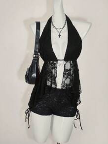 SHEIN ICON 女士蕾丝吊带背心，夏季时尚 - 黑色 - 查看 3