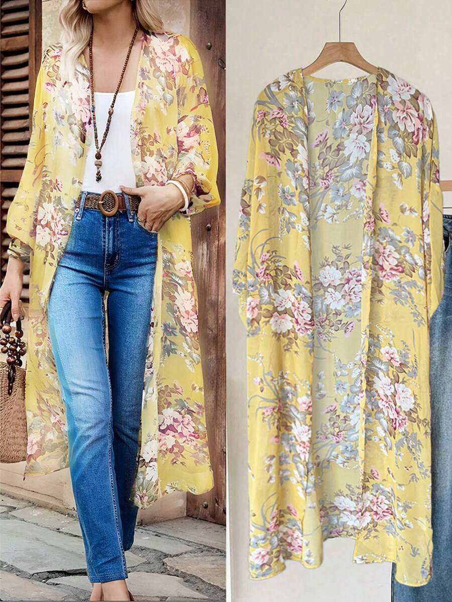 EMERY ROSE Women's Casual Floral Print Long Regular Fit Jacket, Everyday Wear In Fall/Winter - Yellow - View 1