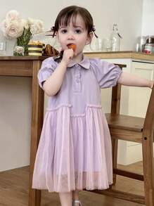 DAZY Baby Girls Summer Elegant Casual Mesh Patchwork Mid-Length Dress Toddler Girls Clothes - Purple - View 4