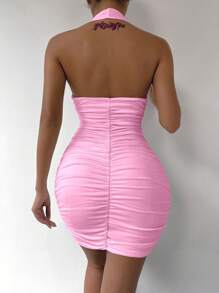 Zolique Damen Tiefer V-Ausschnitt ärmelloses einfarbiges sexy Trägerkleid - Pink - Übersicht 2