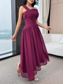 Modelyn Women's Solid Color Asymmetric Neck Ruffle Elegant Dress