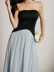 Heiryn Women Contrasting Color Bandeau Pleated Hem Elegant Dress - Multicolor - View 6