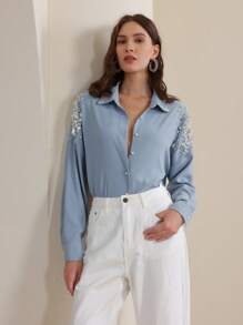 Anewsta Aprikot handgefertigte Bluse mit Perlenverzierung für Frauen, Langarmbluse für Herbst/Winter - Blau - Übersicht 3