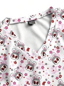 PopScrub Blusa informal de enfermería de escote en V, de manga corta, con estampado de gato de dibujos animados y estrellas para mujeres - Multicolor - Ver 4